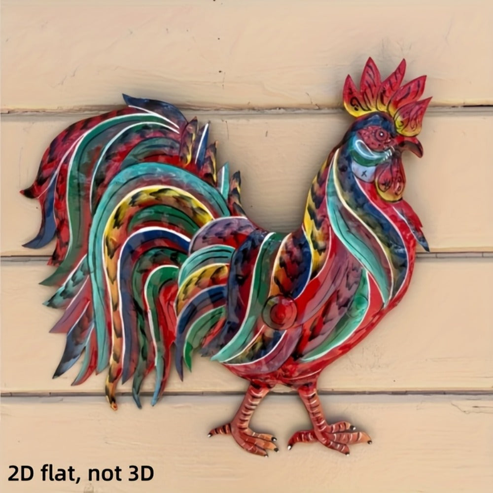 Colorful Flat Metal Rooster Wall Decoration, 11.8 by 11.46 Inches, with Layered Farmhouse Cutout Design