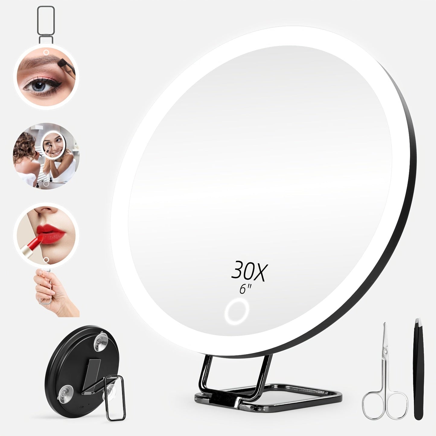 Rechargeable 30X LED Magnifying Mirror with 6-Inch Handheld Travel Design, Hanging Loop and Two Options