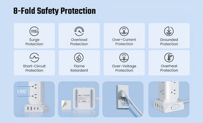 Power Strip Tower 16-in-1 Surge Protector 12 AC Outlets 4 USB Ports USB-C PD20W 1800J Protection Desktop Charging Station 10ft or 15ft Extension Cord for Office School Dorm White