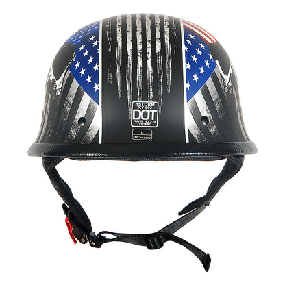 German Style Motorcycle Half Face Helmet – Novelty Skull & Carbon Fiber Design, UV Glossy Finish, Removable Washable Padding, Quick Release Buckle, Adult M/L/XL