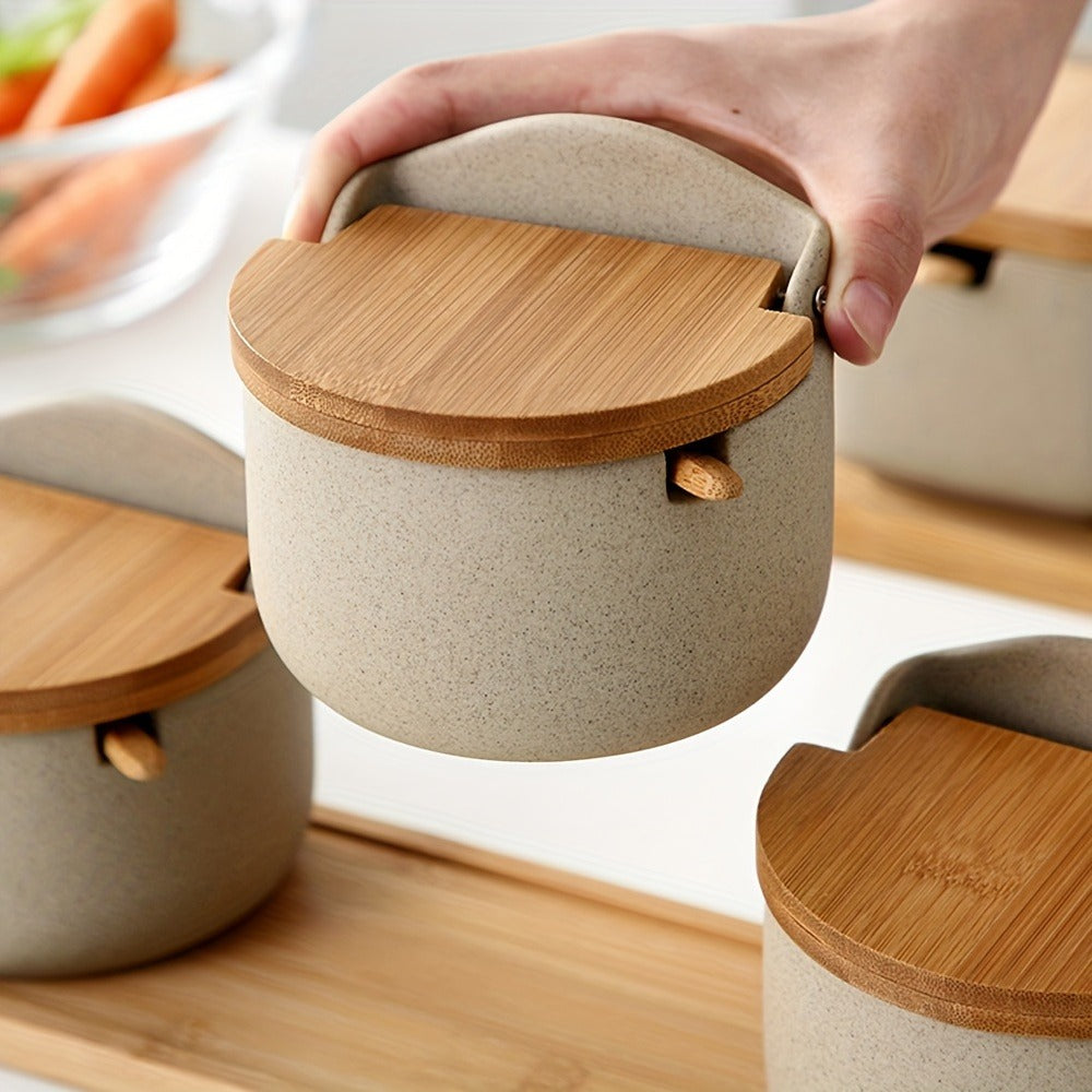 Ceramic-Style Seasoning Pot Set with Lids, Spoons and Tray in One-, Two- or Three-Piece Configurations