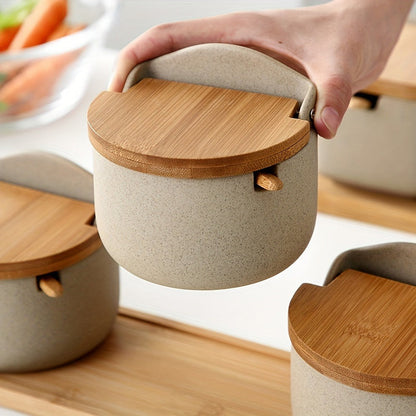 Ceramic-Style Seasoning Pot Set with Lids, Spoons and Tray in One-, Two- or Three-Piece Configurations