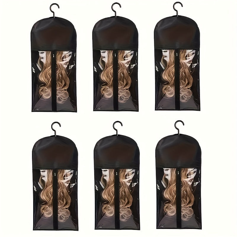 Wig Storage Bags with Hangers 6 Pack Dustproof Large Capacity Zipper Organizer Set for Wigs Hair Extensions Accessories Closet Travel Salon Home Black Non-Woven Fabric