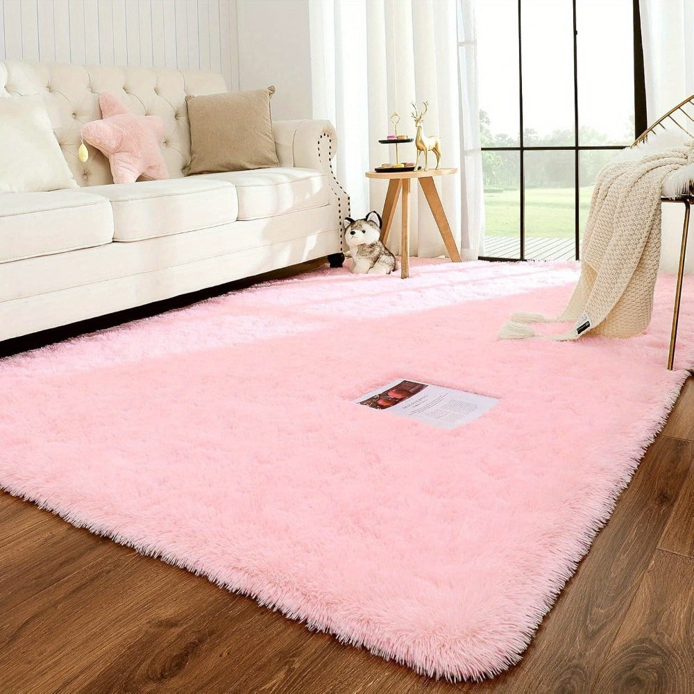 Area Rug Pink Soft Shaggy Design in Four Sizes with Placement Stickers for Bedroom or Dorm