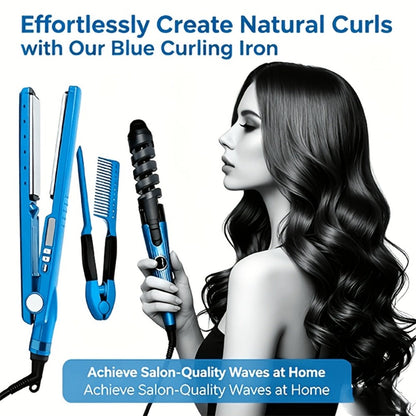 Flat Iron, Curling Iron and Comb Hair Styling Tool Set with Three Pieces in Blue for Home Styling