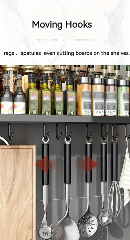 Kitchen Wall Mounted Storage Rack Double Layer – No-Drill Organizer with Knife Slots, Chopstick Holder & Towel Bar, Space-Saving Floating Shelf for Kitchen Counter, 19.69 Inch (Black)