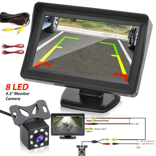 Backup Camera Kit with 4.3 Inch Monitor – 8 LED HD Night Vision Reversing Camera | 1080p Wide Angle | USB Powered | for Car, Truck, SUV & Pickup
