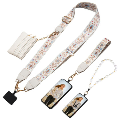 Phone Lanyard Crossbody Strap with Zipper Pouch, Beaded Charm and Five Exact Printed or Solid Styles