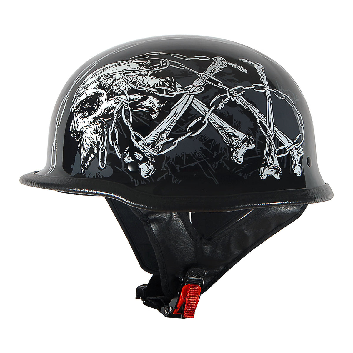 German Style Motorcycle Half Face Helmet – Novelty Skull & Carbon Fiber Design, UV Glossy Finish, Removable Washable Padding, Quick Release Buckle, Adult M/L/XL