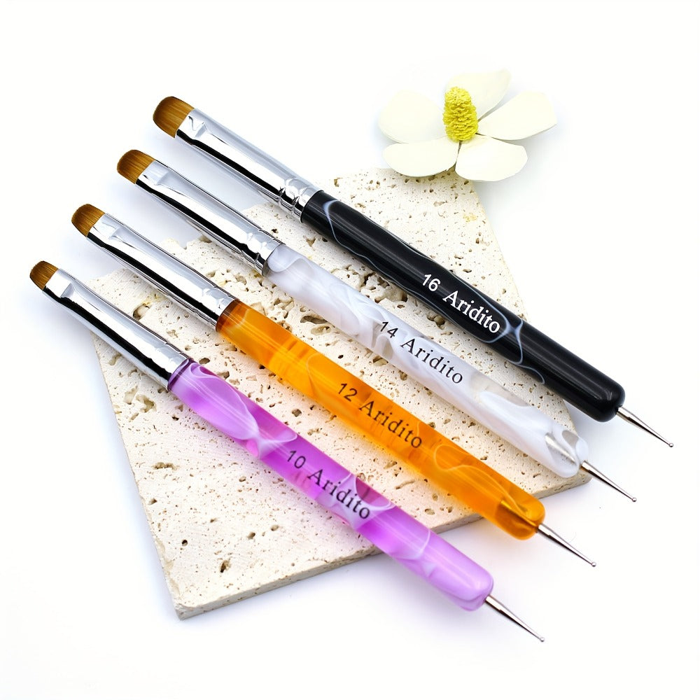 Nail Art Brush Set 4pcs Fine Tip Detail Brushes with Dotting Tool - Nylon Bristle Precision Manicure Brushes #10 #12 #14 #16 for Gel Acrylic French Nail Designs, Salon & Home Use