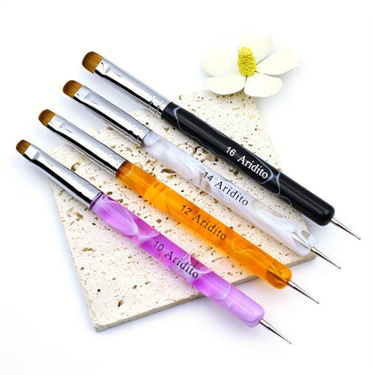 Nail Art Brush Set 4pcs Fine Tip Detail Brushes with Dotting Tool - Nylon Bristle Precision Manicure Brushes #10 #12 #14 #16 for Gel Acrylic French Nail Designs, Salon & Home Use