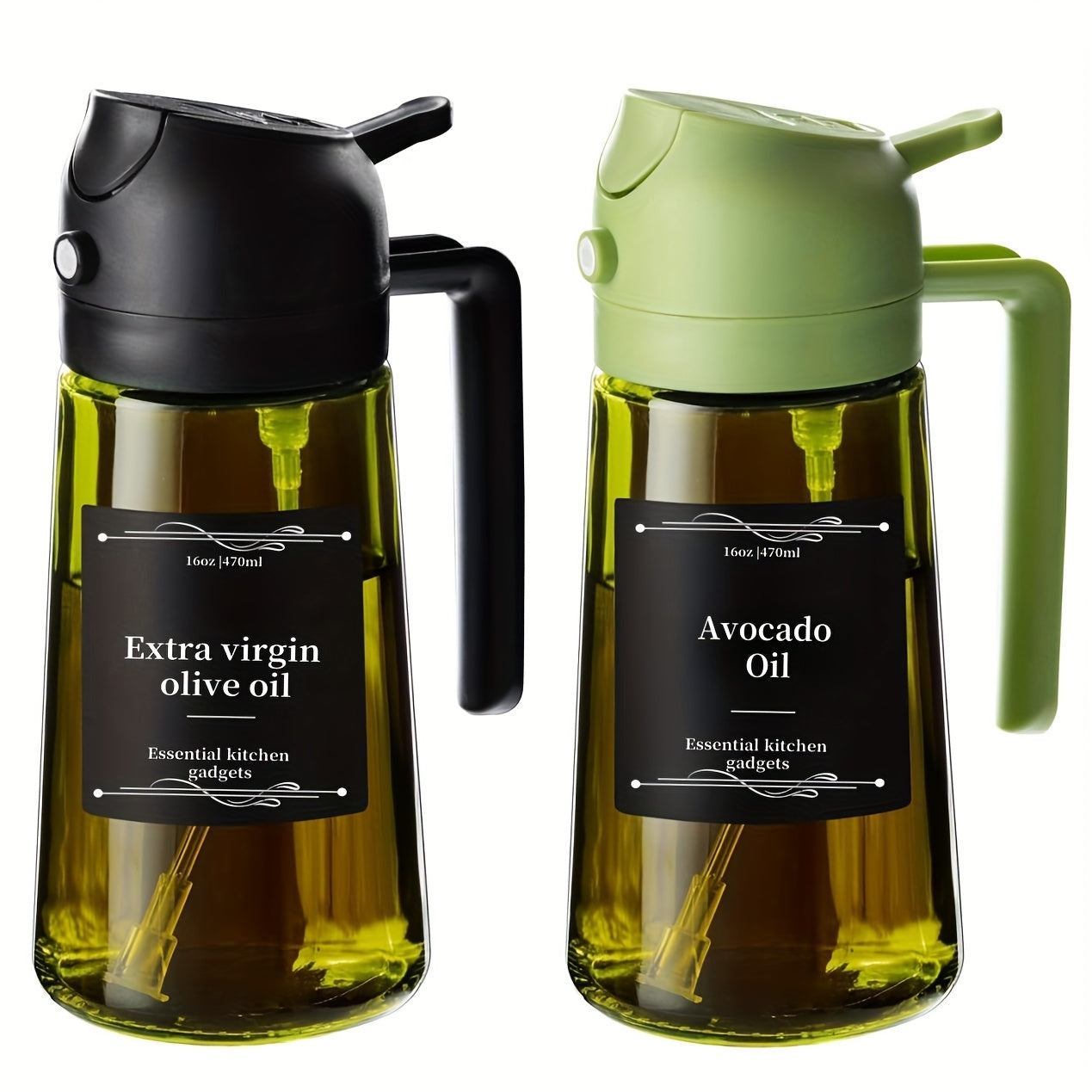 Two-Piece 16-Ounce Glass-Style Oil Dispenser and Sprayer Set in Three Color Configurations