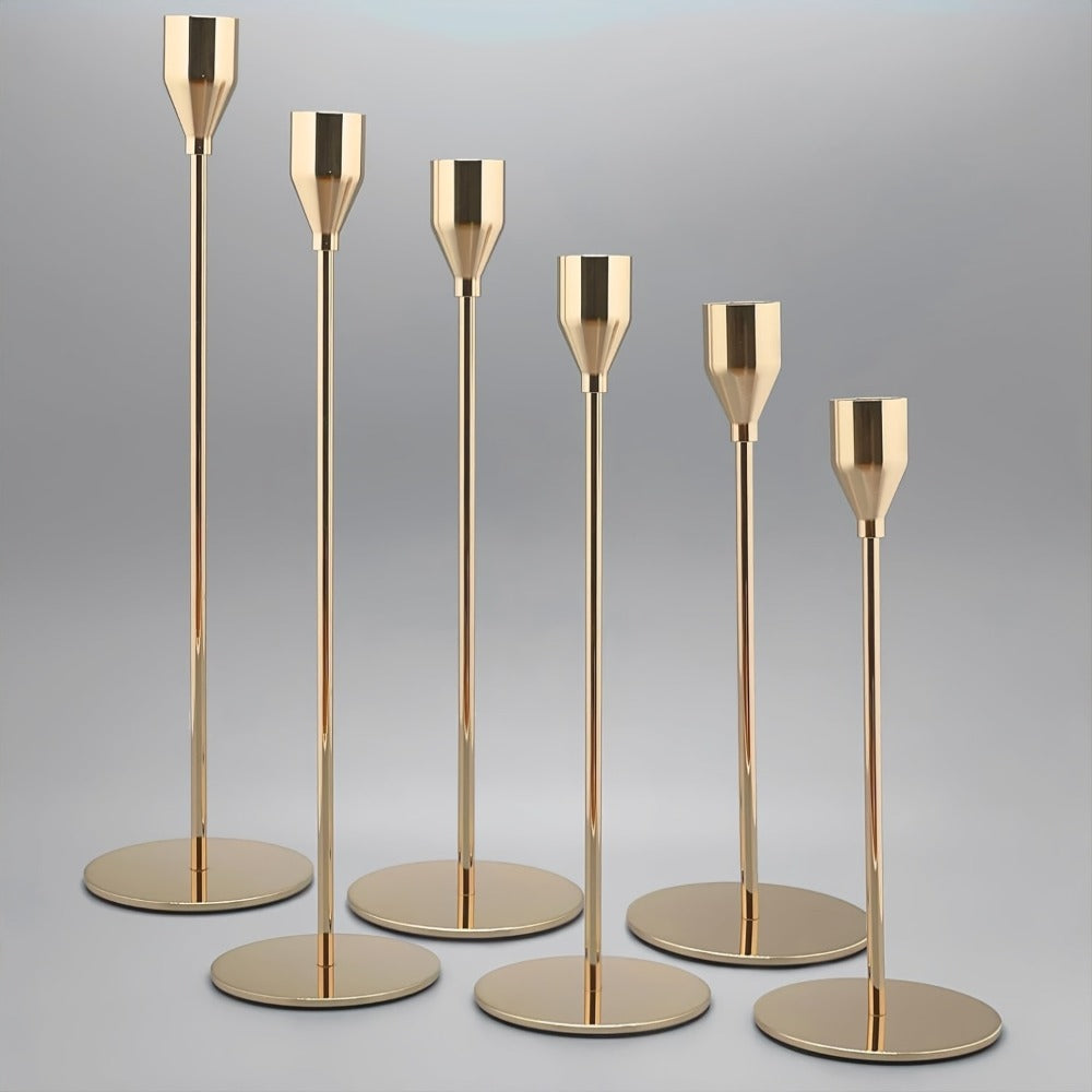 Metal Taper Candle Holder Set of Six with 23cm, 28cm and 33cm Graduated Stems in Gold, Rose Gold or Black