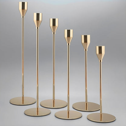Metal Taper Candle Holder Set of Six with 23cm, 28cm and 33cm Graduated Stems in Gold, Rose Gold or Black