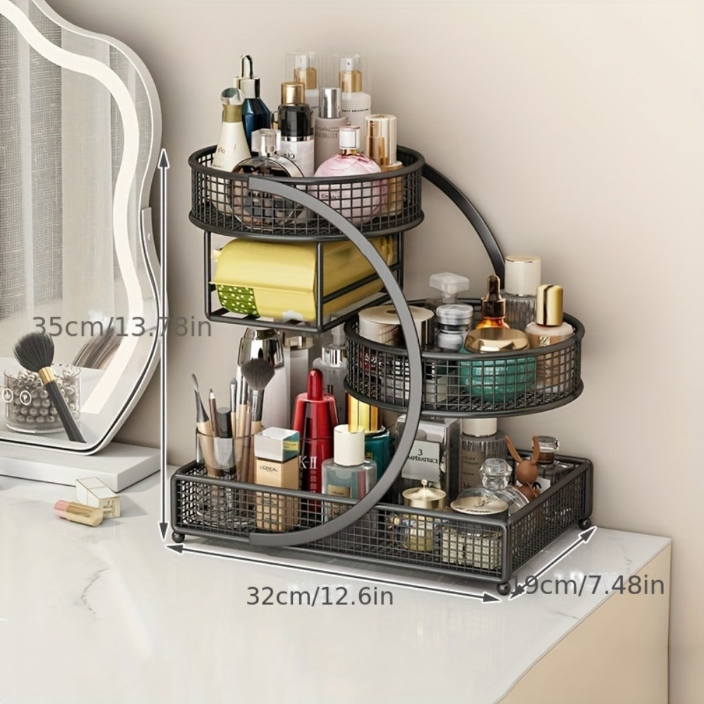 Metal Cosmetic Storage Rack with Makeup Brushes and Black or White Tissue Holder Configurations