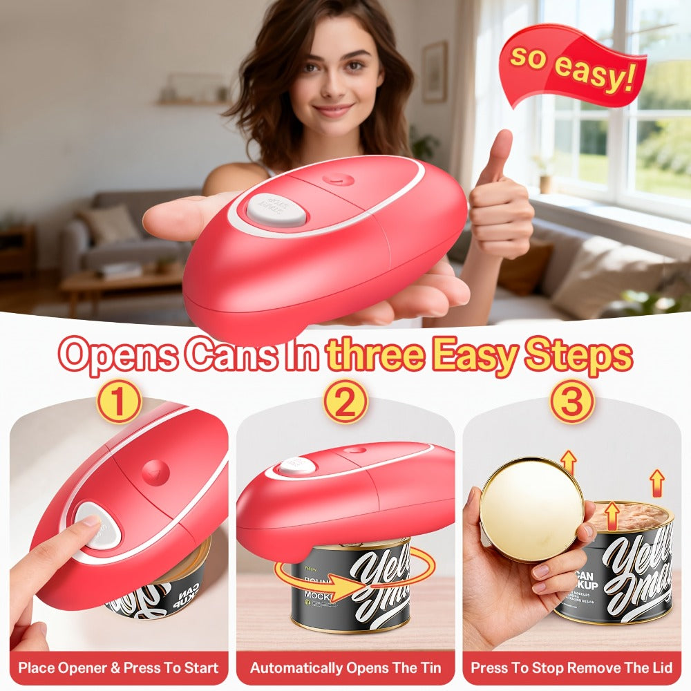 Cordless One-Touch Can Opener with Oval Body in Gray-Red, Black or White-Red Color Options