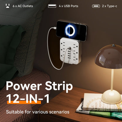 Power Strip Direct-Wall 12-in-1 Outlet Extender with 6 AC Outlets, 4 USB-A, 2 USB-C and 110–130V Input