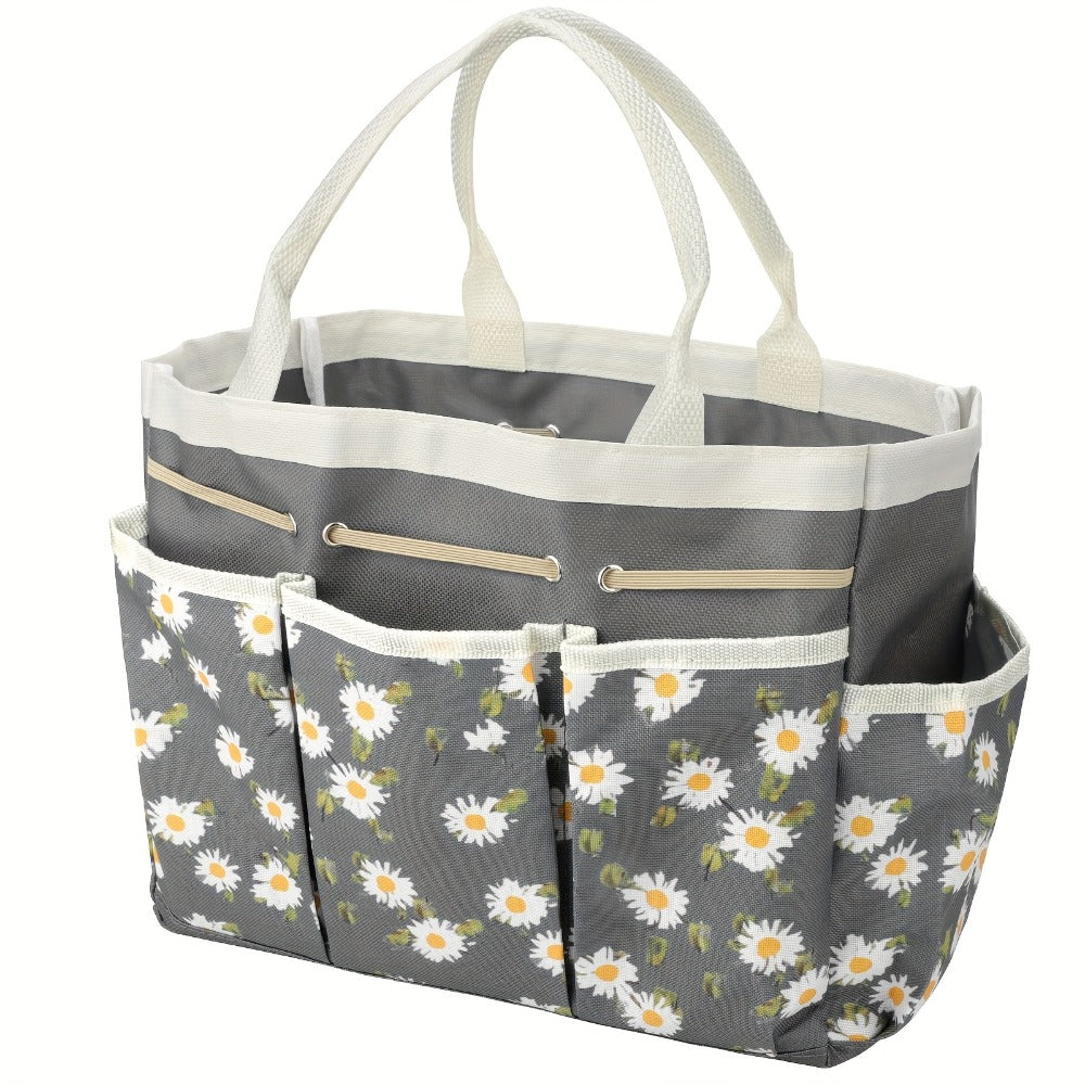 Multi-Pocket Garden Tool Organizer Tote with Daisy Pattern and Black or Gray Checkout Color Options