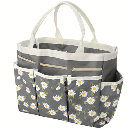 Multi-Pocket Garden Tool Organizer Tote with Daisy Pattern and Black or Gray Checkout Color Options