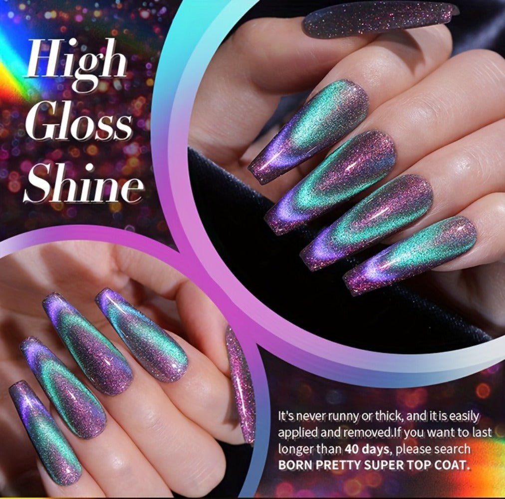 Cat Eye Gel Polish Set 6pcs BORN PRETTY Double Light Reflective Magnetic - Sparkling Rainbow Glass Cat Eye Effect Soak Off UV LED Gel 10ml Each Long Lasting Salon & Home DIY Manicure Kit for Women