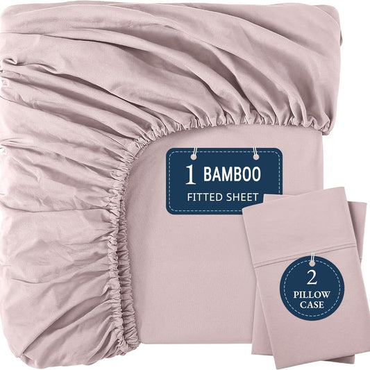Bamboo Fitted Sheet Set 3-Piece – Cooling Breathable Soft Deep Pocket Bed Sheets, Twin Full Queen King, 12 Colors – Fits Mattress Up to 15"