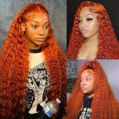 Red Curly Lace Front Wig 13x4 HD Transparent Lace Glueless 180% Density 24 Inch | Deep Curly Wet Wavy Ginger Orange Pre-Plucked Baby Hair Women