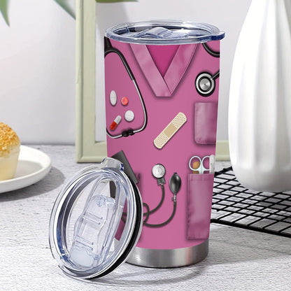 20oz Nurse Medical-Kit Graphic Tumbler with Clear Lid, Metal Straw and Rose Red, Green or Purple Colors