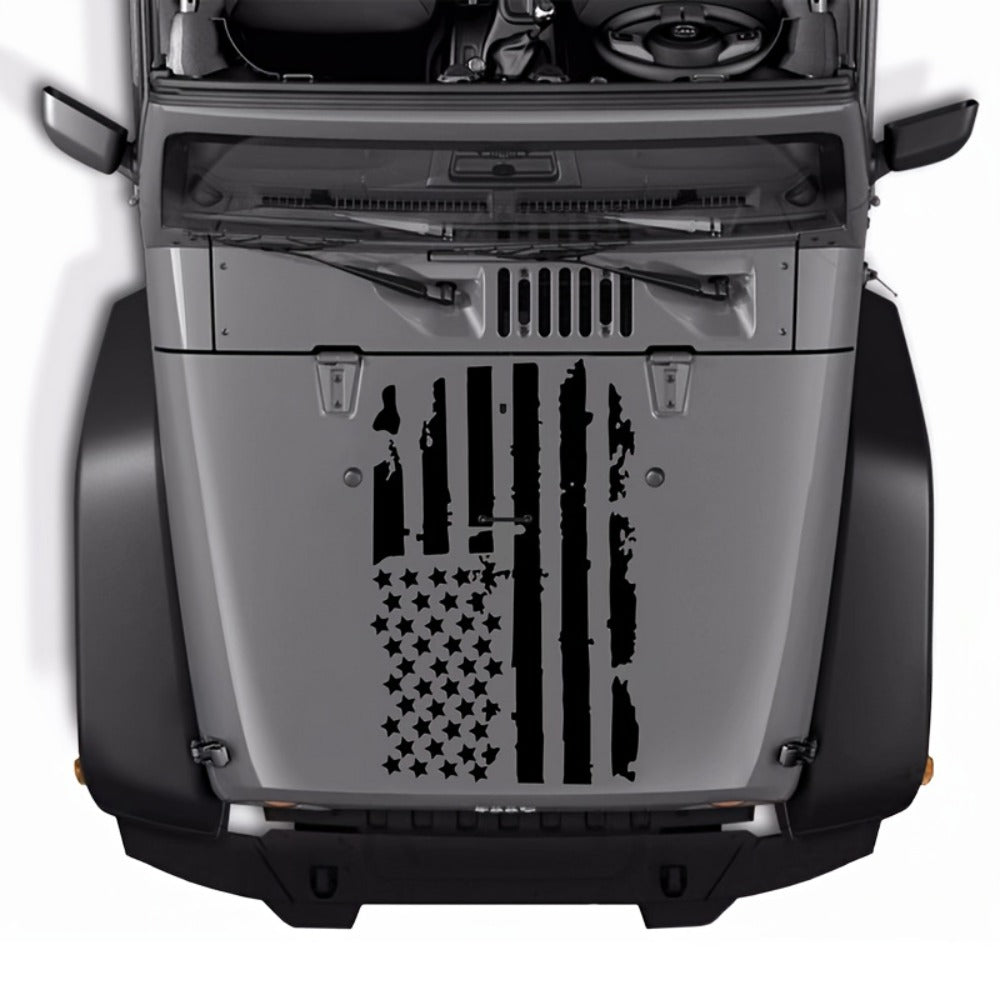 American Flag Car Hood Vinyl Decal Sticker - Distressed USA Flag Stripe Graphic, 35x20 Inch Universal Fit for Car, SUV, Truck Hood, Door, Window & Windshield, Patriotic Car Modification Gift (Black or Transparent)