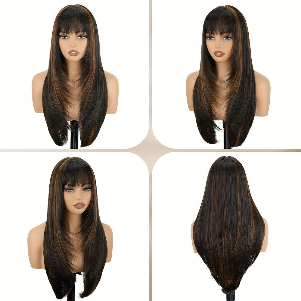 Long Straight Synthetic Lace-Front Wig with Curtain Bangs and Five 26-Inch Solid or Gradient Color Options