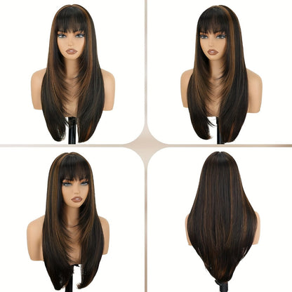 Long Straight Synthetic Lace-Front Wig with Curtain Bangs and Five 26-Inch Solid or Gradient Color Options