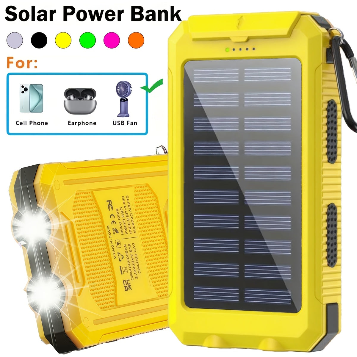 Solar Power Bank, 12800mAh Dual-USB 5V Charger with LED Flashlight and Single-Color or Three-Piece Set Options