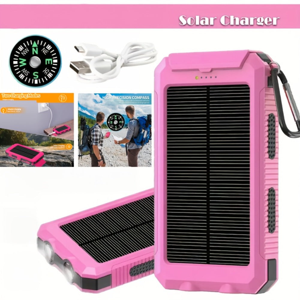Solar Power Bank, 10000mAh USB Charger with Solar Panel, LED Flashlight, Compass, Data Cable and Backpack Hook