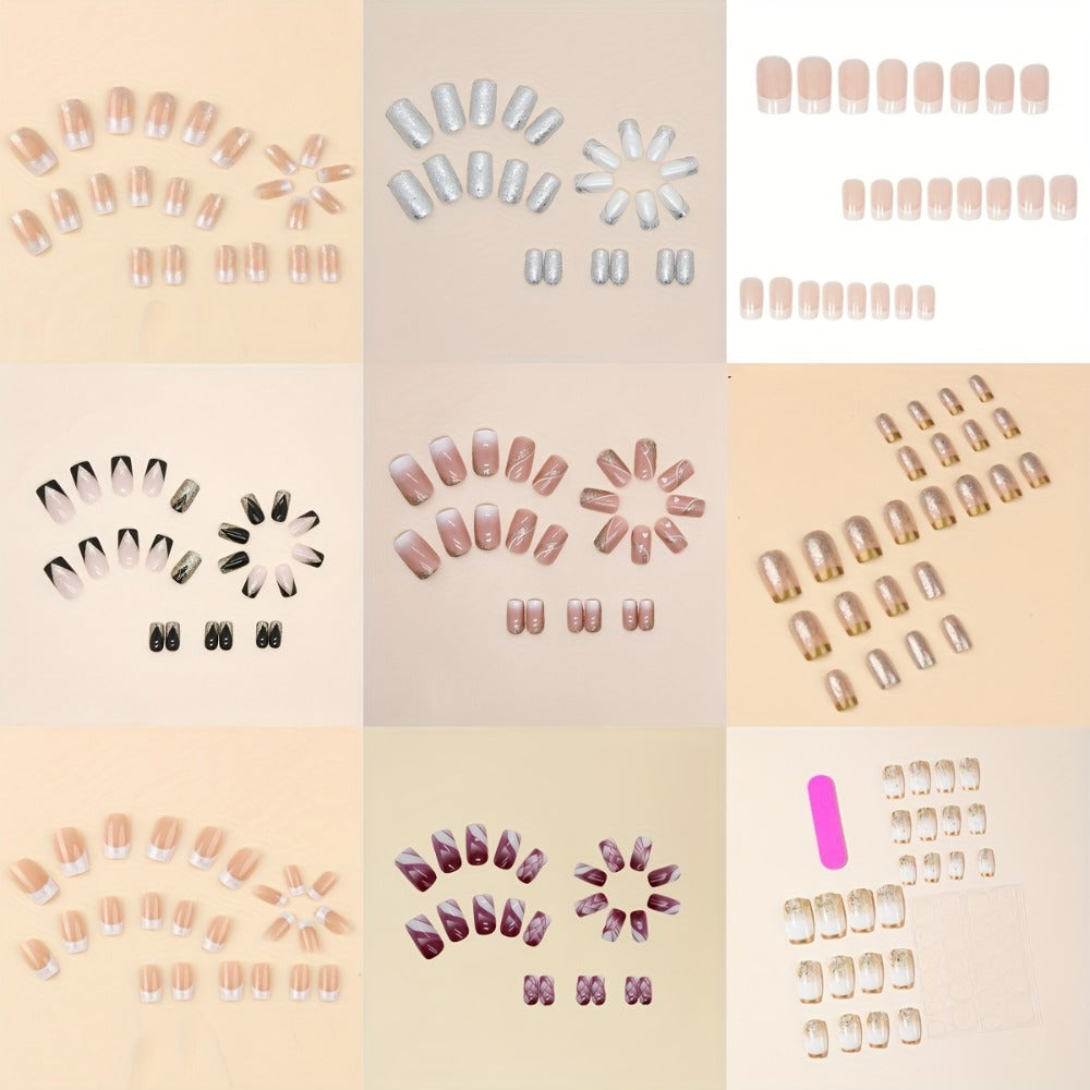 Press On Nails 216-Piece Soft Gel Short Square Set with French, Gradient, Glitter and Heart Designs