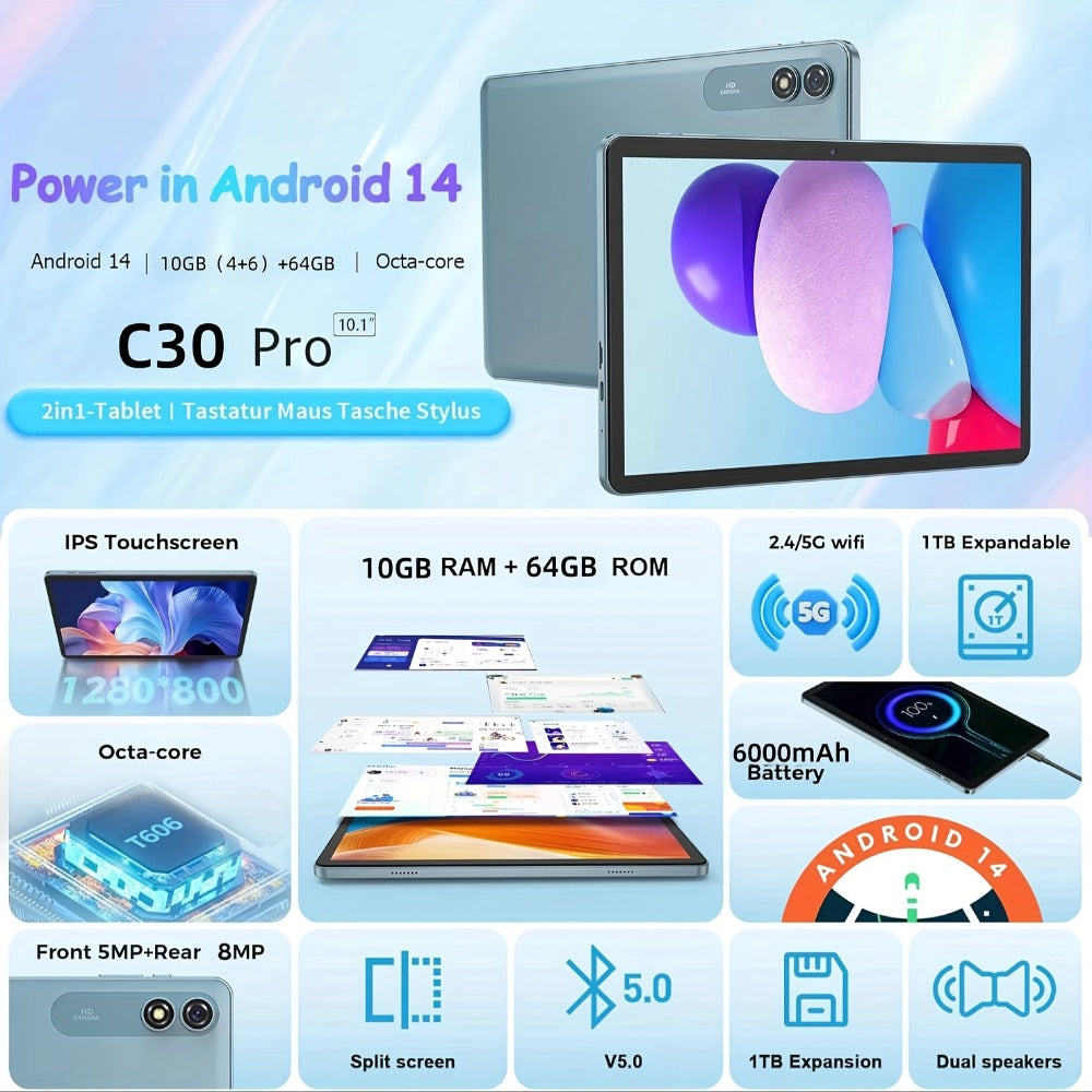 Android Tablet 10-Inch with Android 14, Octa-Core CPU, Dual-Band WiFi and Keyboard Mouse Bundle