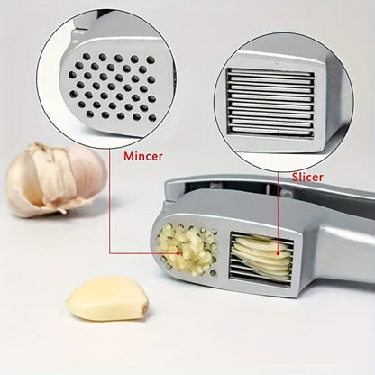 Manual Stainless Steel Two-in-One Garlic Press and Slicer for Mincing, Pureeing and Kitchen Preparation