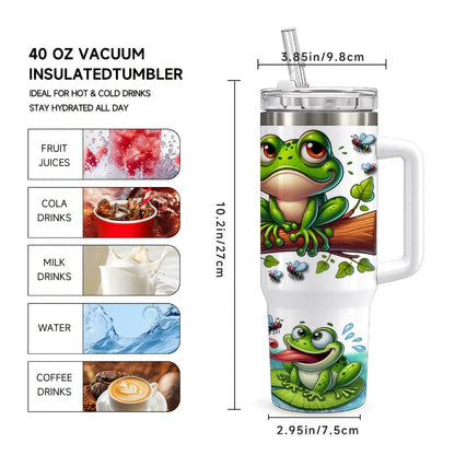 Frog Print Water Bottle Tumbler with Handle, Clear Foldable Straw and 16oz or 40oz Capacity Options