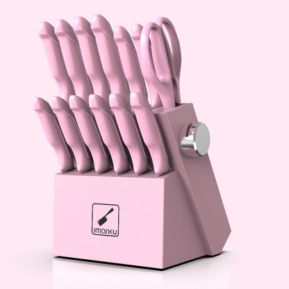 Kitchen Knife Set by imarku, 14-Piece Pink Stainless Steel Block with Six Steak Knives, Shears and Built-In Sharpener