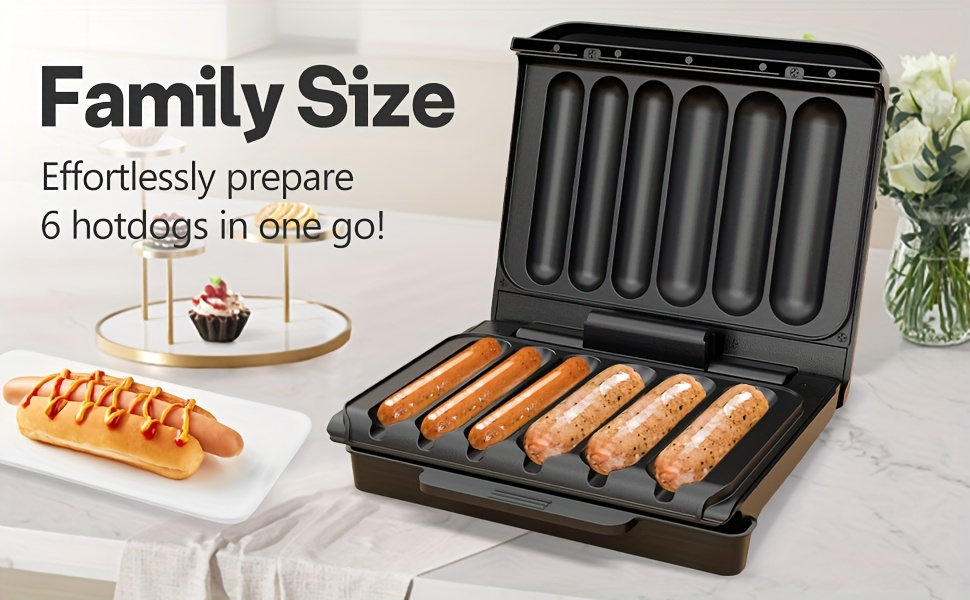 Hot Dog Roller Sausage Grill Machine 6-Slot Electric with Non-Stick Plate, Drip Tray & Cord Storage for BBQ Parties