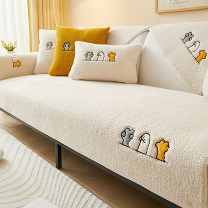 Sofa Cover Thick Plush Shearling Panels with Animal and Bone Embroidery and Non-Slip Feature for 2 to 4 Seats