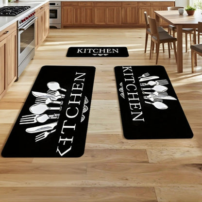 Kitchen Mat Set, 3-Piece Black Alphabet, Knife and Fork Pattern Rugs with Printed Wash-Care Instructions
