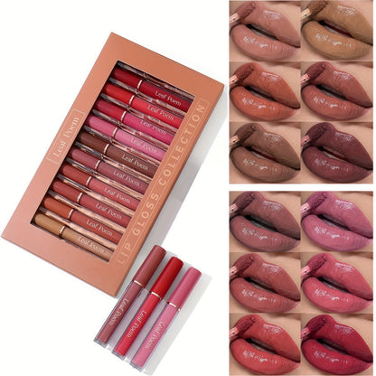 Lip Gloss Set by Leaf Poem with 12 Mixed Lip Colors, Slim Tube Applicators and Presentation Box