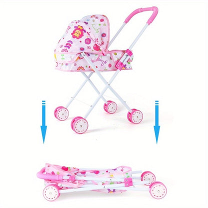 11-Inch Baby Doll and Folding Stroller Playset with 12 Food Accessories in Pink or Purple Color Options