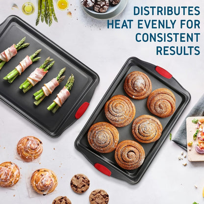 Three-Piece Black Baking Sheet Set with Red Grip Tabs in Small, Medium and Large Nesting Sizes