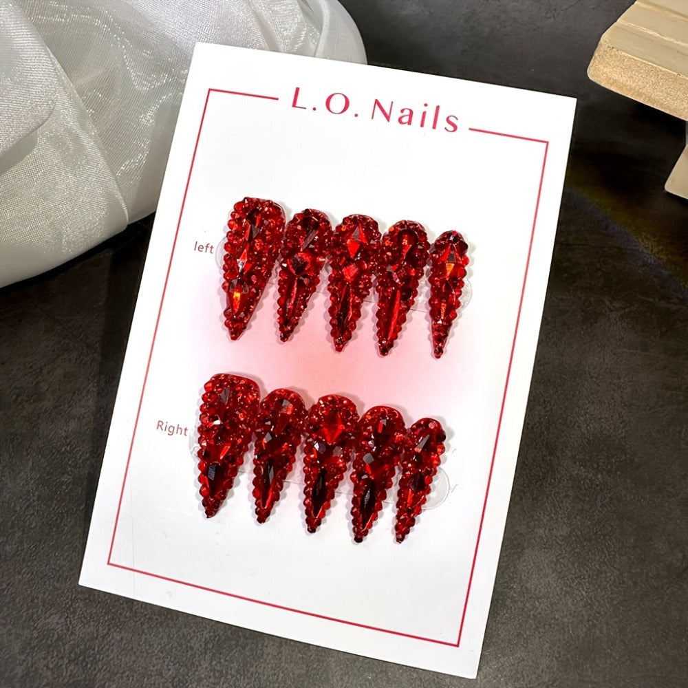 Press On Nails 10-Piece Long Water-Drop Set with Red Glass Glitter and Removable Self-Adhesive Gel Tabs