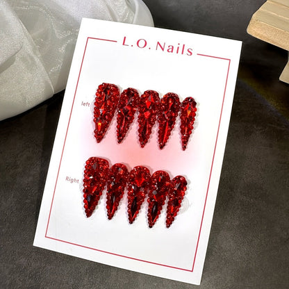Press On Nails 10-Piece Long Water-Drop Set with Red Glass Glitter and Removable Self-Adhesive Gel Tabs