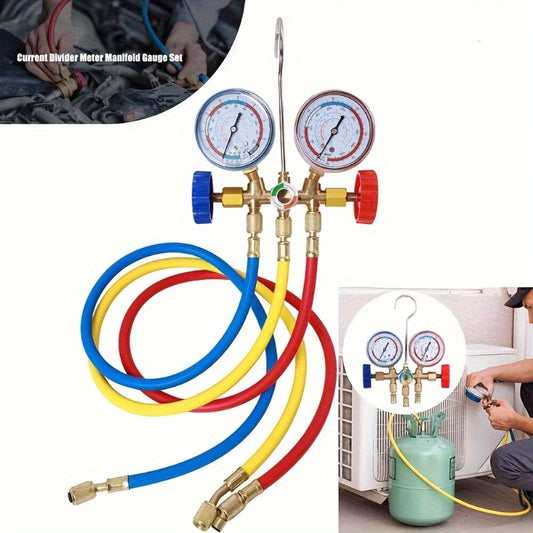AC Manifold Gauge Set 3-Way with Color-Coded Hoses & Adapters for R134A R22 R12 R404A - HVAC Diagnostics A/C Recharge Leak Detection 0-500 PSI