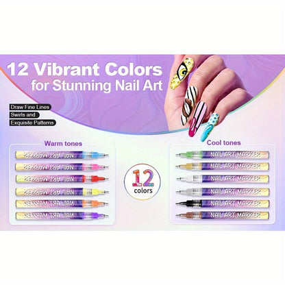 Nail Art Pens 12 Colors Quick Dry 3D Graffiti & Detail Brush Set – Ultra-Fine Precision Drawing Pen Kit for DIY Nail Design, Salon & Home Use, Vibrant Long Lasting Ink