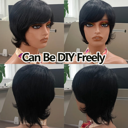 Wig Short Curly Wavy Pixie Bob in Natural Black, 6-Inch Human Hair with Bangs and Rose Net Cap