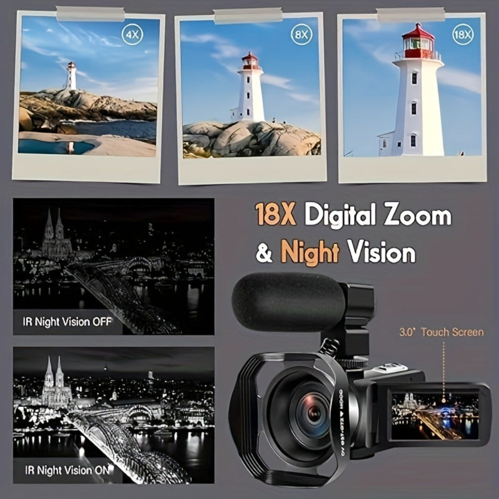 5K Vlogging Camera Camcorder 64MP WiFi for YouTube with IR Night Vision 18X Zoom 3 Inch Touch Screen Webcam External Microphone Remote Control 2 Batteries Loop Recording