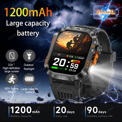 Large Screen Men's Smartwatch 2.01" Wireless Calling, 100+ Sport Modes, LED Flashlight, Purple Light, Heart Rate SpO2 Sleep Tracker, Phone Sync & Notifications – Compatible with iPhone & Android